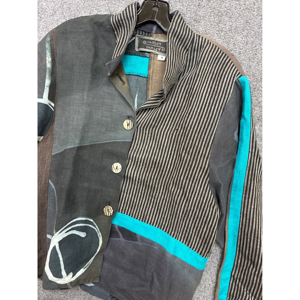 Linen 100% Farley Art to Wear Patchwork Abstract Jacket USA Gray Medium